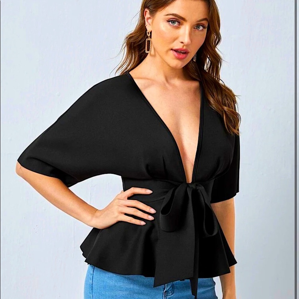NEW Plunging Neck Tie Waist Peplum Top